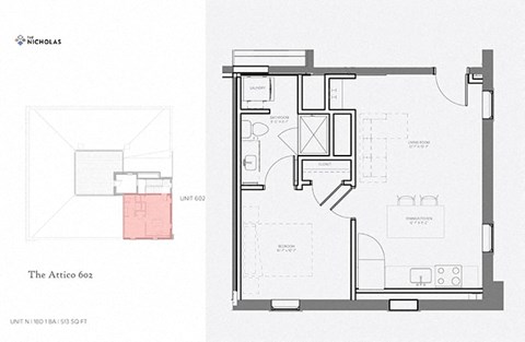Floor plan for 1 bed, 1 bath, 513 sqft